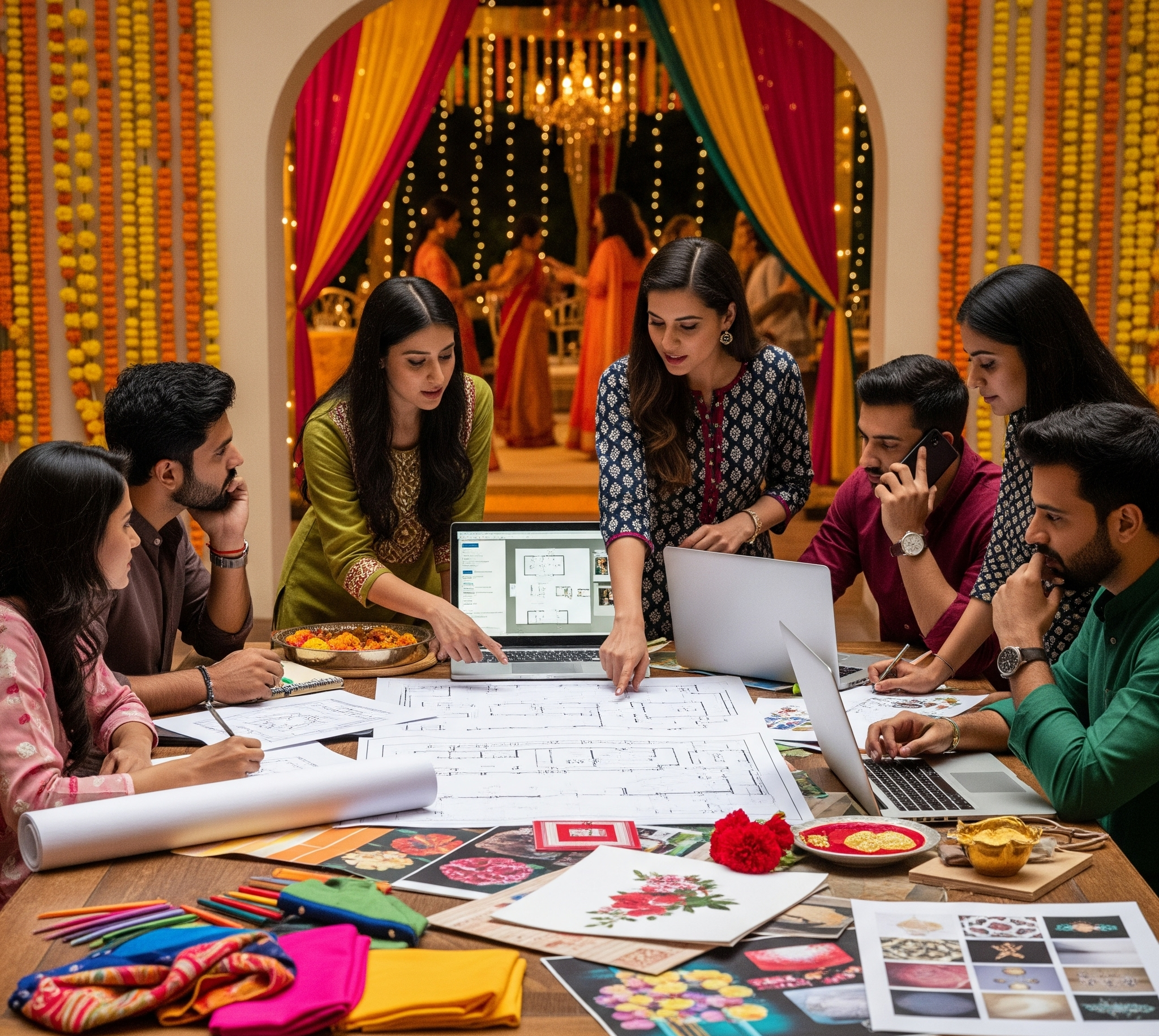 People collaborating on event planning with design elements